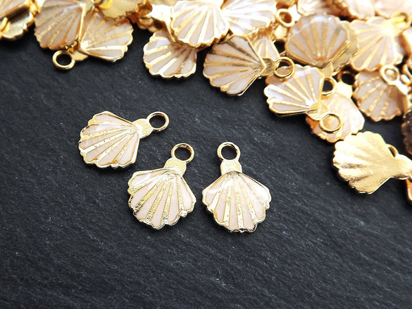 3 Shell Charms, Cream Enamel Small Shell Pendant Charms, Scallop Shell, Seashell Charms, Beach Charm, 22k Matte Gold Plated, 3pc