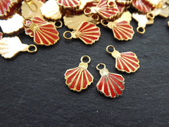 3 Shell Charms, Deep Orange Enamel Small Shell Pendant Charms, Scallop Shell, Seashell Charms, Beach Charm, 22k Matte Gold Plated, 3pc