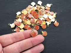 3 Shell Charms, Deep Orange Enamel Small Shell Pendant Charms, Scallop Shell, Seashell Charms, Beach Charm, 22k Matte Gold Plated, 3pc