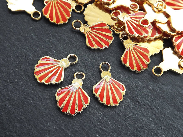 3 Shell Charms, Deep Orange Enamel Small Shell Pendant Charms, Scallop Shell, Seashell Charms, Beach Charm, 22k Matte Gold Plated, 3pc