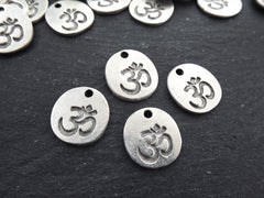 OM Charms, Small Om Pendant, Om Aum Symbol, Coin Disc Charms, Yoga Charms, Meditation Yoga Jewelry, Matte Antique Silver Plated 4pc