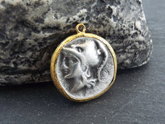 Greek Coin Pendant Gold Frame Bezel, Athena, Slinger and Triskeles, Medallion Charm, Ancient Greek Coin, Shiny Gold, Antique Silver Plated