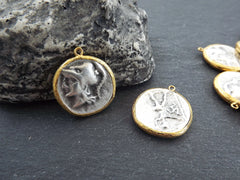 Greek Coin Pendant Gold Frame Bezel, Athena, Slinger and Triskeles, Medallion Charm, Ancient Greek Coin, Shiny Gold, Antique Silver Plated