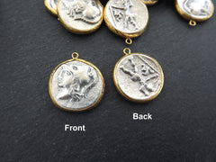 Greek Coin Pendant Gold Frame Bezel, Athena, Slinger and Triskeles, Medallion Charm, Ancient Greek Coin, Shiny Gold, Antique Silver Plated