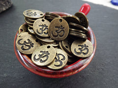 OM Charms, Small Om Pendant, Om Aum Symbol, Coin Disc Charms, Yoga Charms, Meditation Yoga Jewelry, Antique Bronze Plated 4pc