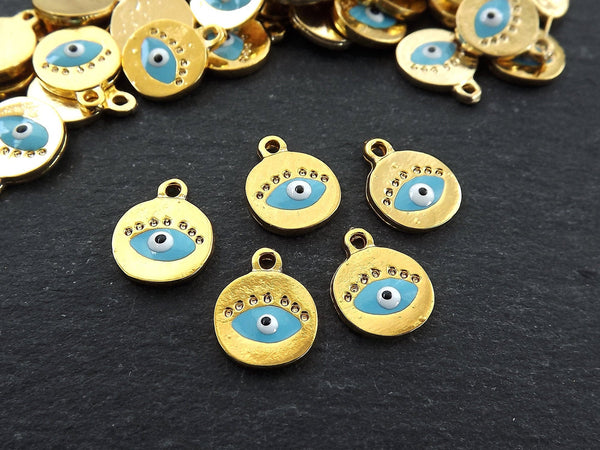 Gold Mini Round Evil Eye Pendant Charms, Pale Blue Enamel Evil Eye Charms, Good Luck Protective Amulet Talisman, Shiny Gold Plated, 5pc