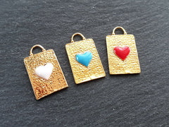 Rectangle Heart Charm Pendant, Enamel Pendant, WhiteHeart, Shiny Gold Plated, 1pc