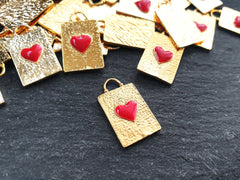 Rectangle Heart Charm Pendant, Enamel Pendant, Red Heart, Shiny Gold Plated, 1pc