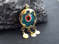 Green Evil Eye Charm Gold Bezel Pendant, Pine Green Glass Evil Eye Lampwork Amulet, Dangle Pendant, Protective, Lucky, Handmade, 1pc