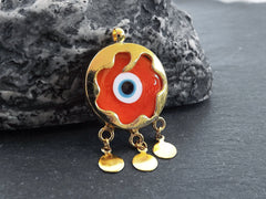 Orange Evil Eye Charm Gold Bezel Pendant, Glass Evil Eye Lampwork Amulet, Dangle Pendant, Protective, Lucky, Handmade, 1pc