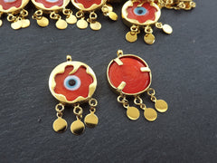 Orange Evil Eye Charm Gold Bezel Pendant, Glass Evil Eye Lampwork Amulet, Dangle Pendant, Protective, Lucky, Handmade, 1pc