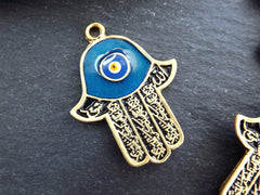 Hamsa Hand Pendant Charm, Enamel Hand of Fatima Pendant, Evil Eye Charm, 22k Matte Gold Plated, 1pc