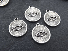 Evil Eye Pendant Charms, Evil Eye, Eye Of The Beholder, Good Luck, Protective Amulet Talisman, Lucky Charm, Matte Antique Silver, 4pc