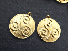 Gold Celtic Triskelion Pendants, Round Rustic Triskele Amulet Pendant Charms, Rustic Jewelry, Artisan Charm, 22k Matte Gold Plated, 2pc