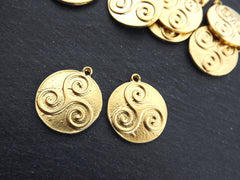 Gold Celtic Triskelion Pendants, Round Rustic Triskele Amulet Pendant Charms, Rustic Jewelry, Artisan Charm, 22k Matte Gold Plated, 2pc