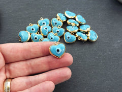 Blue Heart Evil Eye Charm Pendant, Glass Lampwork Evil Eye, Amulet, Protective, Lucky, Handmade, 22k Shiny Gold Plated Bezel 1pc