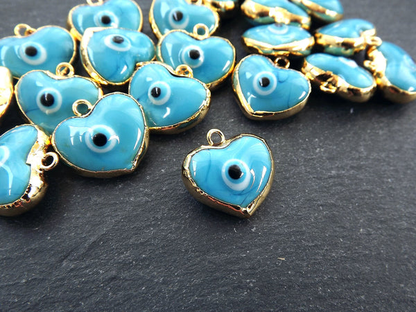 Blue Heart Evil Eye Charm Pendant, Glass Lampwork Evil Eye, Amulet, Protective, Lucky, Handmade, 22k Shiny Gold Plated Bezel 1pc