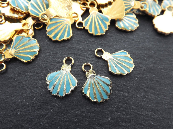 3 Shell Charms, Light Blue Enamel Small Shell Pendant Charms, Scallop Shell, Seashell Charms, Beach Charm, 22k Matte Gold Plated, 3pc