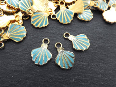 3 Shell Charms, Light Blue Enamel Small Shell Pendant Charms, Scallop Shell, Seashell Charms, Beach Charm, 22k Matte Gold Plated, 3pc