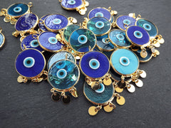 Blue Evil Eye Charm Gold Bezel Pendant, Glass Evil Eye Lampwork Amulet, Dangle Pendant, Protective, Lucky, Handmade, 1pc, Translucent Blue
