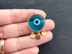 Blue Evil Eye Charm Gold Bezel Pendant, Glass Evil Eye Lampwork Amulet, Dangle Pendant, Protective, Lucky, Handmade, 1pc, Translucent Blue