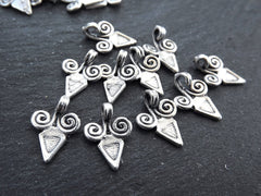 10 Curl Scroll Triangle Spike Charms, Artisan Charms, Rustic Jewelry Supplies, Matte Antique Silver Plated