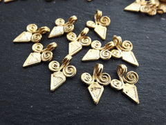 10 Curl Scroll Triangle Spike Charms, Artisan Charms, Rustic Jewelry Supplies, 22k Matte Gold Plated