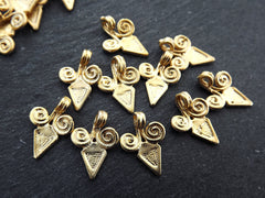 10 Curl Scroll Triangle Spike Charms, Artisan Charms, Rustic Jewelry Supplies, 22k Matte Gold Plated