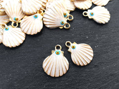 Gold Shell Evil Eye Charms, Enamel Charm Pendants, Scallop Shell, Seashell Charms, Beach Charm, Good Luck Charm, Gold Plated, 2pc