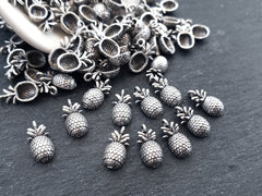 15 Mini Pineapple Charms, Tiny Pineapple Charms, Fruit Charm, Side Facing Loop, Matte Antique Silver Plated Brass