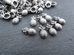 15 Mini Pineapple Charms, Tiny Pineapple Charms, Fruit Charm, Side Facing Loop, Matte Antique Silver Plated Brass