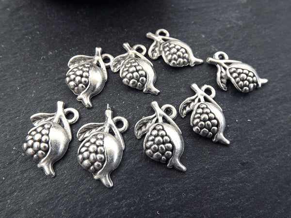 8 Pomegranate Charms, Silver Pomegranate Pendant charm, Earrings Charms, Bracelet Charms, Matte Antique Silver Plated