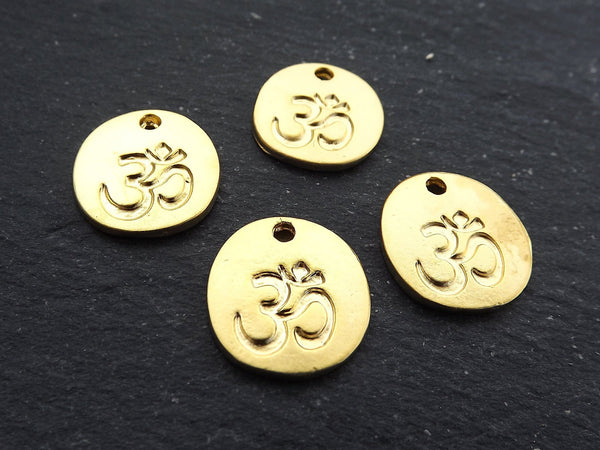 OM Charms, Small Om Pendant, Om Aum Symbol, Coin Disc Charms, Yoga Charms, Meditation Yoga Jewelry, 22k Matte Gold Plated 4pc