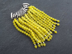 Yellow Jade Gemstone Beaded Fringe Tassel Pendant, Matte Antique Silver Plated Filigree Bail Cap, 1pc