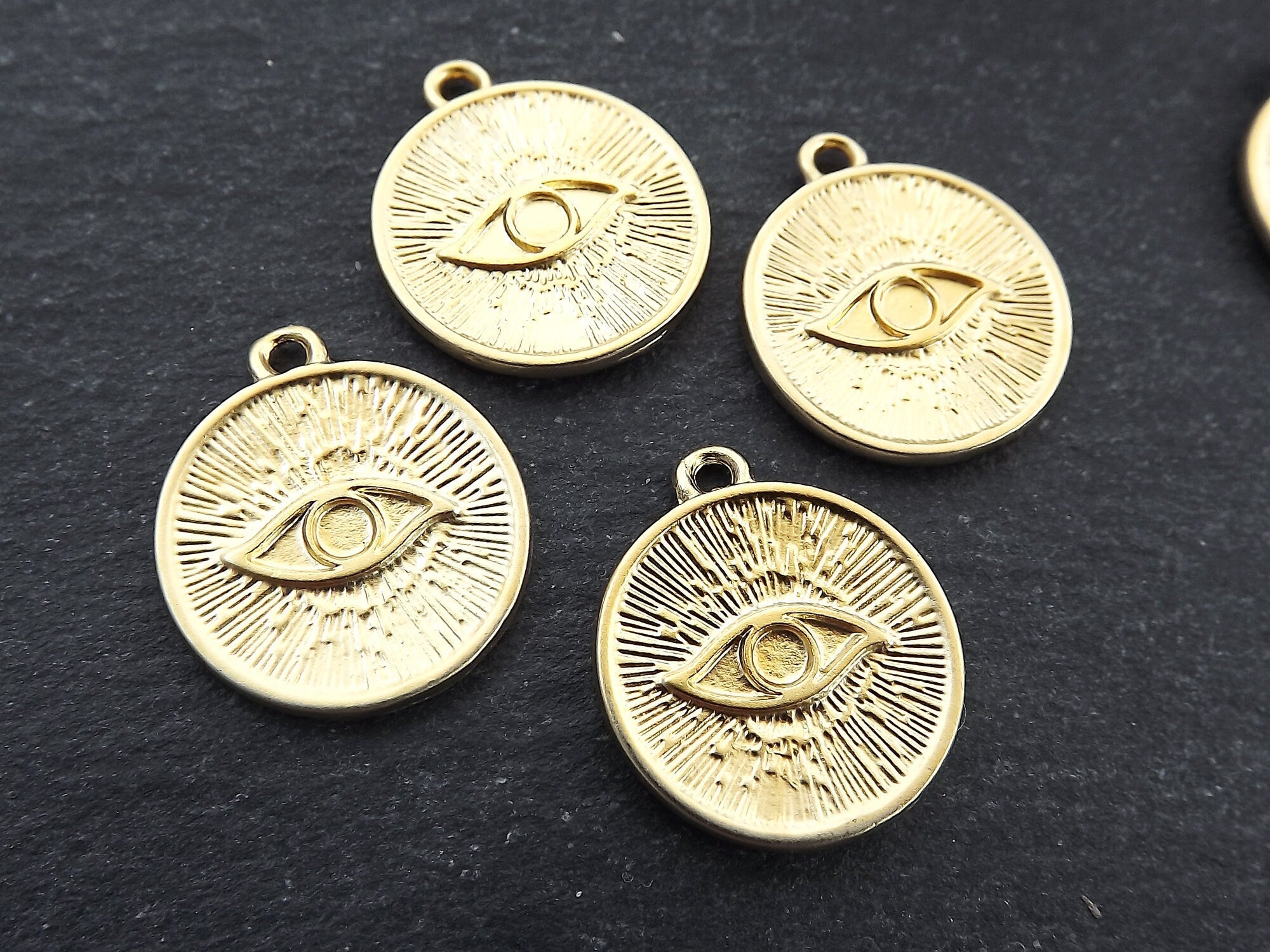Evil Eye Pendant Charms, Engraved Evil Eye, Eye Of The Beholder, Good Luck, Protective Amulet Talisman, 22k Matte Gold Plated 4pc