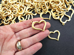 Small Organic Heart Pendant Charms, Cut Out Heart Shape Loop Link, Smooth Rustic Golden Heart,  22k Matte Gold Plated, 2pc