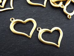 Small Organic Heart Pendant Charms, Cut Out Heart Shape Loop Link, Smooth Rustic Golden Heart,  22k Matte Gold Plated, 2pc