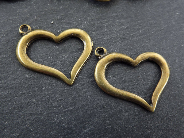 Small Organic Heart Pendant Charms, Cut Out Heart Shape Loop Link, Smooth Rustic Bronze Heart, Antique Bronze Plated, 2pc