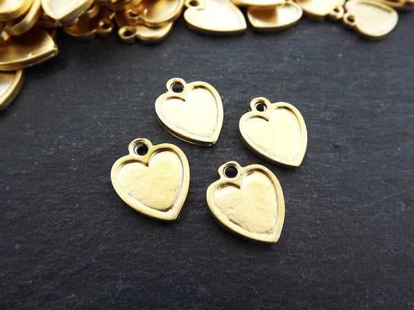 Heart Charms, Small Heart Pendants with Raised Edges, Charms For Earring, Heart Necklace Charms, Bracelet Charms, 22k Matte Gold Plated, 4pc