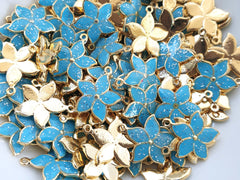 3 Blue Enamel Flower Charms, Mini Flower Pendants, Enamel Charms, For Jewelry Making, 22k Gold Plated, 3pcs