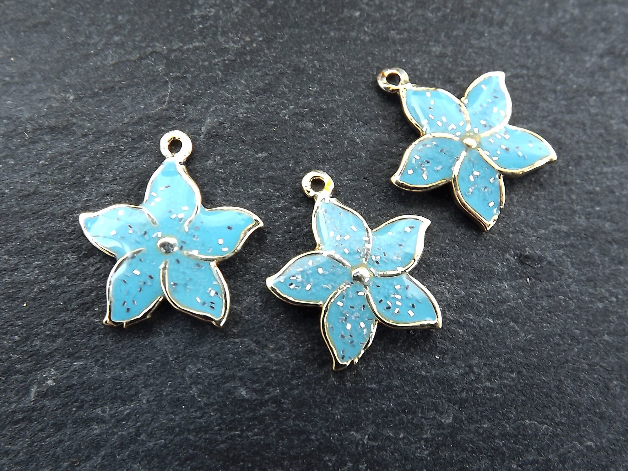 3 Blue Enamel Flower Charms, Mini Flower Pendants, Enamel Charms, For Jewelry Making, 22k Gold Plated, 3pcs