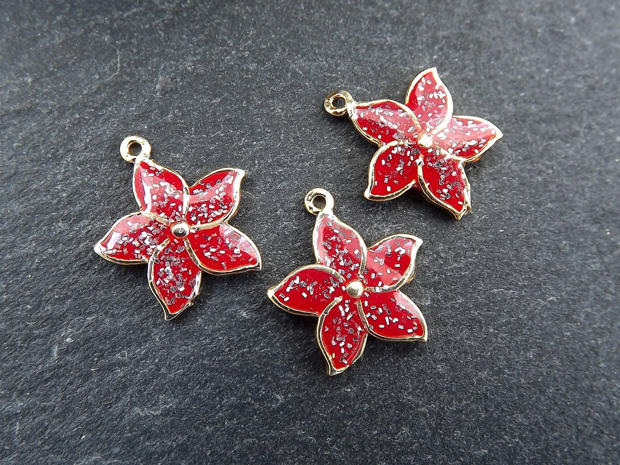 3 Red Enamel Flower Charms, Mini Flower Pendants, Enamel Charms, For  Jewelry Making, 22k Gold Plated, 3pcs