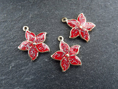 3 Red Enamel Flower Charms, Mini Flower Pendants, Enamel Charms, For Jewelry Making, 22k Gold Plated, 3pcs