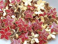 3 Red Enamel Flower Charms, Mini Flower Pendants, Enamel Charms, For Jewelry Making, 22k Gold Plated, 3pcs