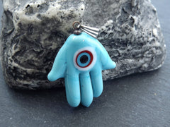 Hamsa Evil Eye Charm Pendant, Glass Hamsa Hand Pendant, Nazar Turkish Eye, Lampwork, Amulet, Protective, Lucky, Handmade, Turquoise Blue 1pc