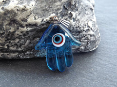 Hamsa Evil Eye Charm Pendant, Glass Hamsa Hand Pendant, Nazar Turkish Eye, Lampwork, Amulet Protective, Lucky, Handmade, T Blue 1pc