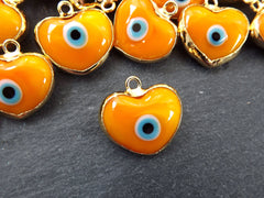 Orange Heart Evil Eye Charm Pendant, Glass Lampwork Evil Eye, Amulet, Protective, Lucky, Handmade, 22k Shiny Gold Plated Bezel 1pc