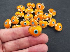 Orange Heart Evil Eye Charm Pendant, Glass Lampwork Evil Eye, Amulet, Protective, Lucky, Handmade, 22k Shiny Gold Plated Bezel 1pc