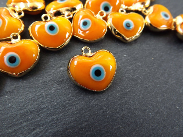 Orange Heart Evil Eye Charm Pendant, Glass Lampwork Evil Eye, Amulet, Protective, Lucky, Handmade, 22k Shiny Gold Plated Bezel 1pc