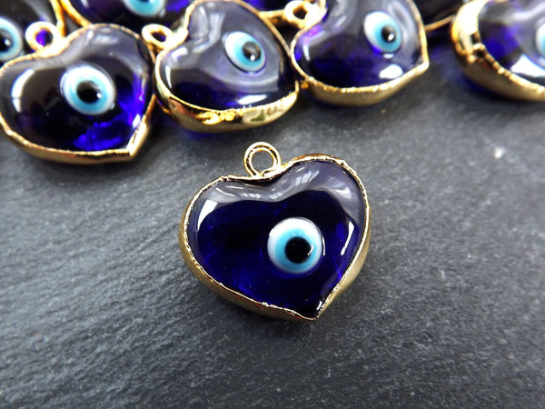 Blue Heart Evil Eye Charm Pendant, Glass Lampwork Evil Eye, Amulet, Protective, Lucky, Handmade, 22k Shiny Gold Plated Bezel 1pc, Navy